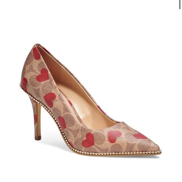 Coach Logo Monogram Waverly Pump Heels With Coated Canvas Heart Print - Picture 3 of 11